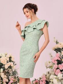 SHEIN Belle 不對稱領荷葉邊提花伴娘連衣裙 - 薄荷綠 - 查看 5