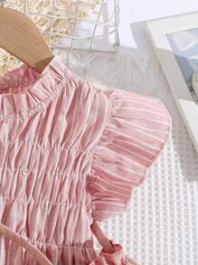 SHEIN Young Girl Striped Ruffle Trim Peplum Top & Shorts & Accessory Bag - Dusty Pink - View 4