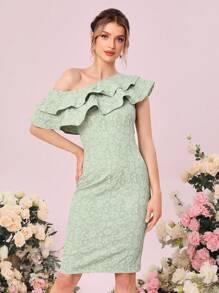 SHEIN Belle 不對稱領荷葉邊提花伴娘連衣裙 - 薄荷綠 - 查看 8