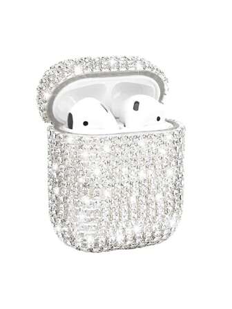 1 st Luxury Silver Rhinestone Glas Bling skyddande hörlursfodral Kompatibel med Apple 1/2/3/4, Pro/Pro 2nd Bluetooth-hörlurar