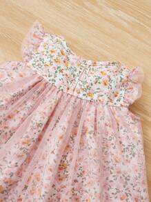 SHEIN Đầm em bé Xù Dây kéo Tương phản Mesh Họa tiết hoa - Màu Hồng baby - Xem 5
