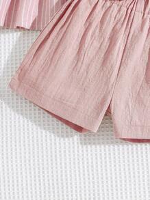 SHEIN Young Girl Striped Ruffle Trim Peplum Top & Shorts & Accessory Bag - Dusty Pink - View 6