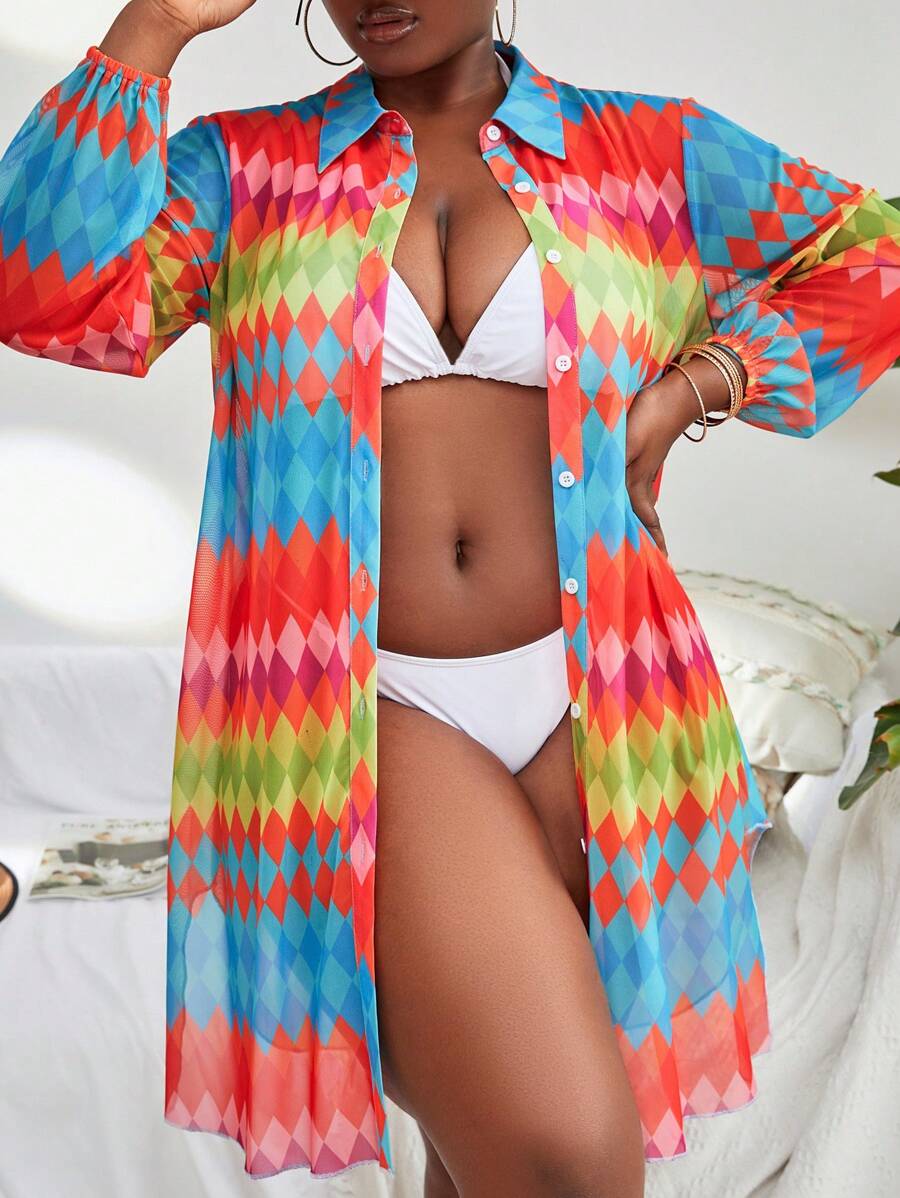 SHEIN Swim Curve Kimono Plus Size Nút phía trước Hình học Tất cả trên in - Nhiều màu - Xem 1