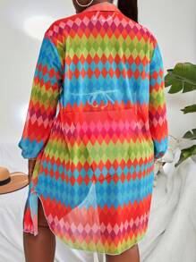 SHEIN Swim Curve Kimono Plus Size Nút phía trước Hình học Tất cả trên in - Nhiều màu - Xem 2