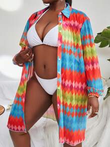 SHEIN Swim Curve Kimono Plus Size Nút phía trước Hình học Tất cả trên in - Nhiều màu - Xem 3