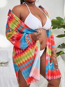 SHEIN Swim Curve Kimono Plus Size Nút phía trước Hình học Tất cả trên in - Nhiều màu - Xem 4