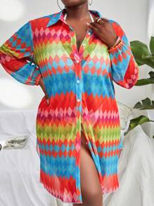 SHEIN Swim Curve Kimono Plus Size Nút phía trước Hình học Tất cả trên in - Nhiều màu - Xem 5