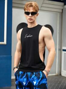 GENTILAND Men Letter Graphic Armhole Tank Top - Black - View 1