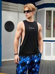 GENTILAND Men Letter Graphic Armhole Tank Top - Black - View 3