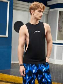 GENTILAND Men Letter Graphic Armhole Tank Top - Black - View 4