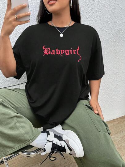 SHEIN EZwear Camiseta de hombros caídos con estampado de letra