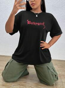 SHEIN EZwear Camiseta de hombros caídos con estampado de letra