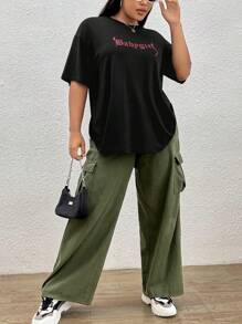 SHEIN EZwear Camiseta de hombros caídos con estampado de letra