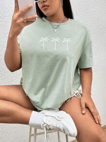 SHEIN EZwear Plus Coconut Tree Print Drop Shoulder Tee, Summer - Green - View 1