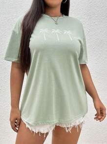 SHEIN EZwear Plus Coconut Tree Print Drop Shoulder Tee, Summer - Green - View 3