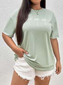 SHEIN EZwear Plus Coconut Tree Print Drop Shoulder Tee, Summer - Green - View 6
