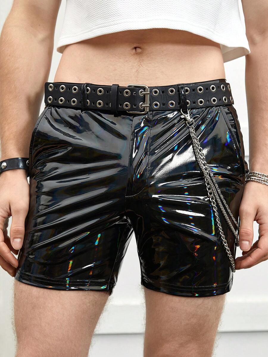 GENTILAND 男士鐳射PU皮革短褲不附腰帶