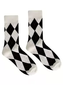 Mujer 1 par Calcetines de tripulación con patrón de rombo preppy para diariamente - Blanco y Negro - Ver 2