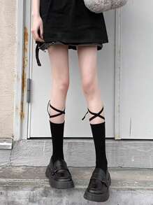 1pair Women Lace Up Design Solid Color Socks For Daily