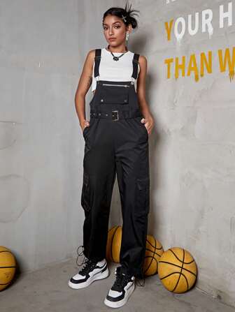 Overaller Enfärgat Klaff Ficka Dragkedja Detalj Bälte Cargo Utan linne