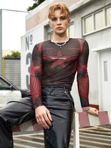 FeverCity Men T-Shirts Crew Neck Long Sleeve Graphic Tee Fashion Men Y2K See Through Top, Summer - Multicolor - View 6