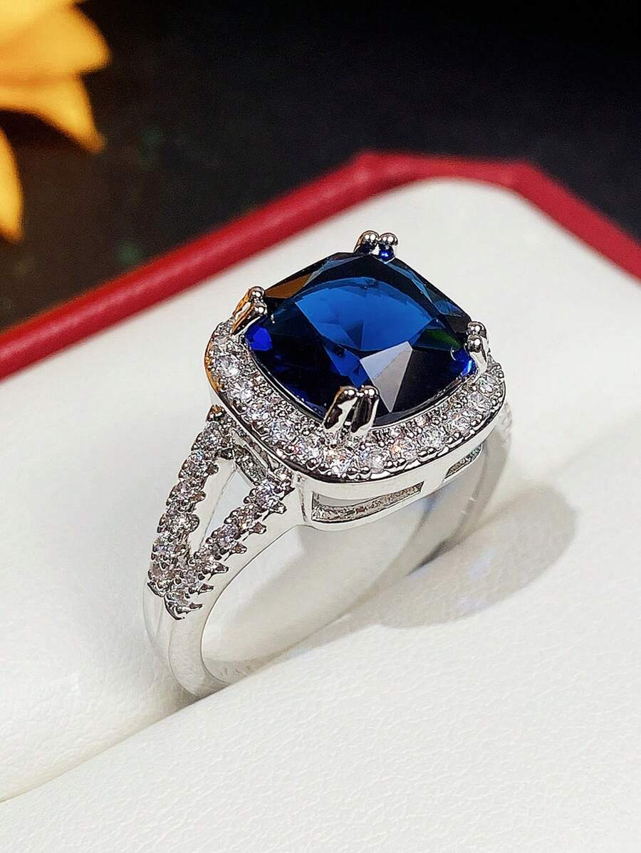 1 Chiếc Nhẫn Trang Trí Đính Đá Cubic Zirconia Quyến Rũ Dành Cho Nữ Cho Món Quà Ngày Lễ Tình Nhân - Màu xanh lam - Xem 1