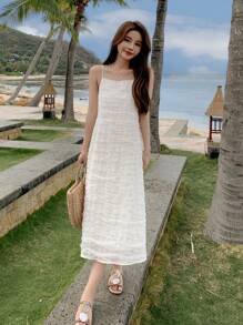 DAZY 素色紋理質感吊帶連衣裙 - 白色 - 查看 1