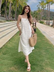 DAZY 素色紋理質感吊帶連衣裙 - 白色 - 查看 3
