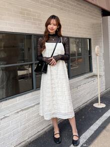 DAZY 素色紋理質感吊帶連衣裙 - 白色 - 查看 10