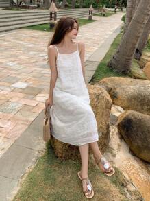 DAZY 素色紋理質感吊帶連衣裙 - 白色 - 查看 6