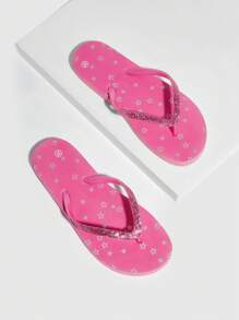 Grefit Giày nữ họa tiết ngôi sao kỳ nghỉ quyến rũ màu hồng nóng bỏng lấp lánh dép xỏ ngón cho kỳ nghỉ mùa hè Giày giảm giá mùa hè Halloween Giáng sinh mùa thu - Màu Hồng Tươi - Xem 3