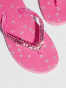 Grefit Giày nữ họa tiết ngôi sao kỳ nghỉ quyến rũ màu hồng nóng bỏng lấp lánh dép xỏ ngón cho kỳ nghỉ mùa hè Giày giảm giá mùa hè Halloween Giáng sinh mùa thu - Màu Hồng Tươi - Xem 5