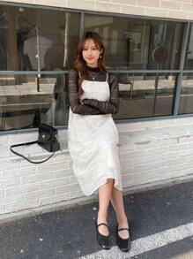 DAZY 素色紋理質感吊帶連衣裙 - 白色 - 查看 13