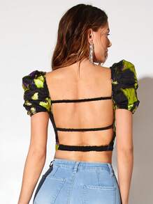 SHEIN BAE 滿版印花泡泡袖露背短款襯衫 - 彩色 - 查看 1