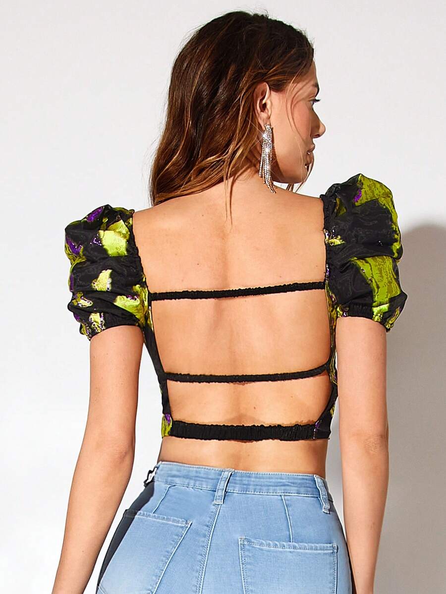 SHEIN BAE 滿版印花泡泡袖露背短款襯衫 - 彩色 - 查看 1