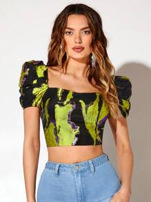 SHEIN BAE 滿版印花泡泡袖露背短款襯衫 - 彩色 - 查看 7