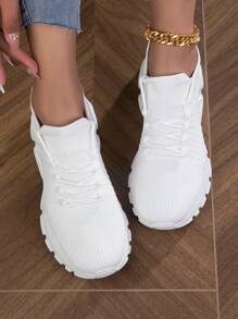Women Breathable Lace Up Front Running Shoes, Sporty Outdoor Sneakers - White - View 1