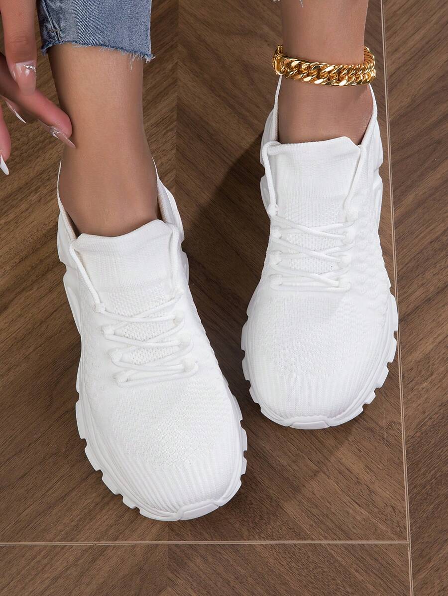 Women Breathable Lace Up Front Running Shoes, Sporty Outdoor Sneakers - White - View 1