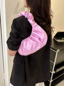 Túi xách nữ thời trang mới, túi mây xếp ly nhỏ, túi đeo vai màu trơn, túi sát nách, túi xách nữ đa năng, túi xách nữ màu trơn - Hồng - Xem 3