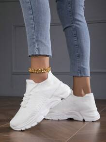 Women Breathable Lace Up Front Running Shoes, Sporty Outdoor Sneakers - White - View 2