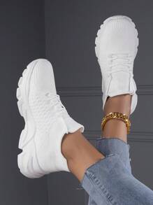 Women Breathable Lace Up Front Running Shoes, Sporty Outdoor Sneakers - White - View 3