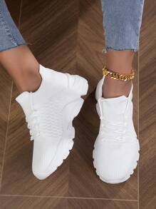 Women Breathable Lace Up Front Running Shoes, Sporty Outdoor Sneakers - White - View 5