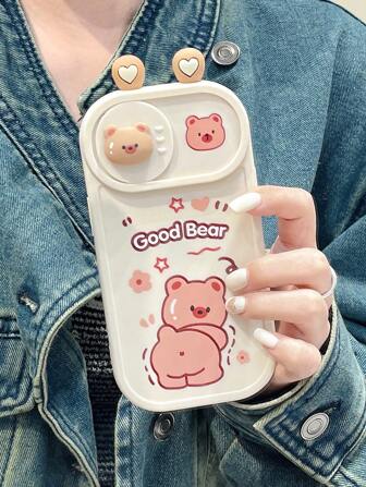 Cartoon Bear Pattern Phone Case With Push Pull Lens Cover Compatible With iPhone 15/15Pro/15Plus/15Promax