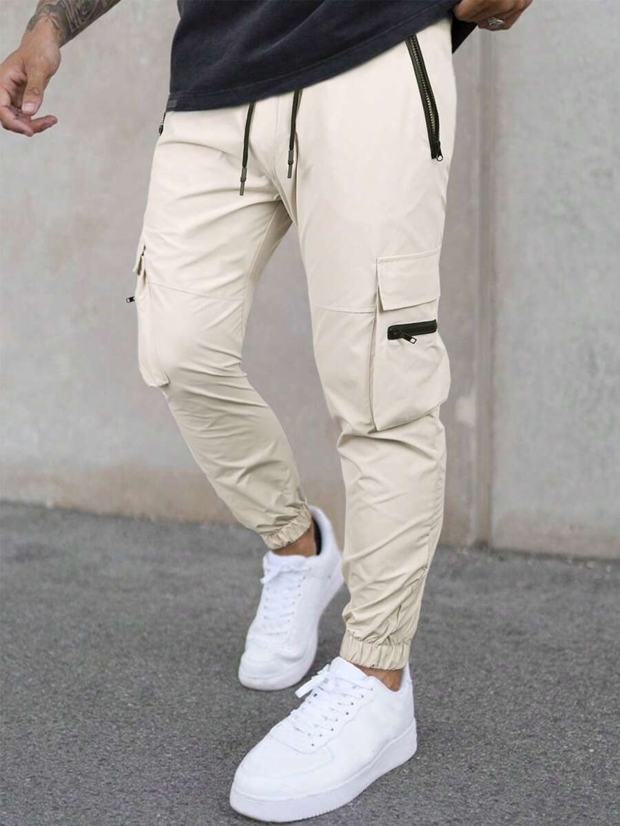 Manfinity LEGND Nam Túi có nắp Eo dây rút Quần Cargo - Màu be - Xem 1