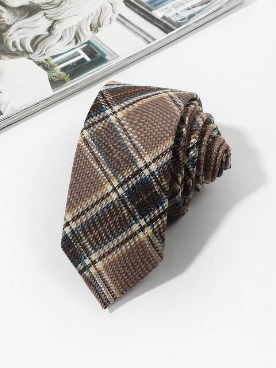 1pc Men Plaid Pattern Tie Work Durable, Versatile, And Stylish Versatile For All Occasions - Brown - View 1