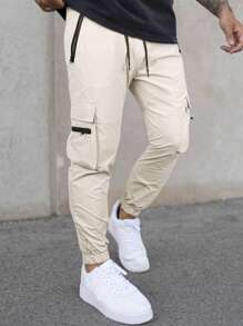 Manfinity LEGND Nam Túi có nắp Eo dây rút Quần Cargo - Màu be - Xem 3