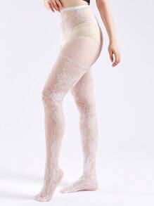 Floral Pattern Fishnet Tights - White - View 3