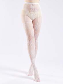 Floral Pattern Fishnet Tights - White - View 4