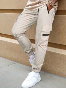 Manfinity LEGND Nam Túi có nắp Eo dây rút Quần Cargo - Màu be - Xem 7