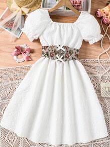 SHEIN 女孩泡泡袖繫腰帶連衣裙 - 白色 - 查看 1